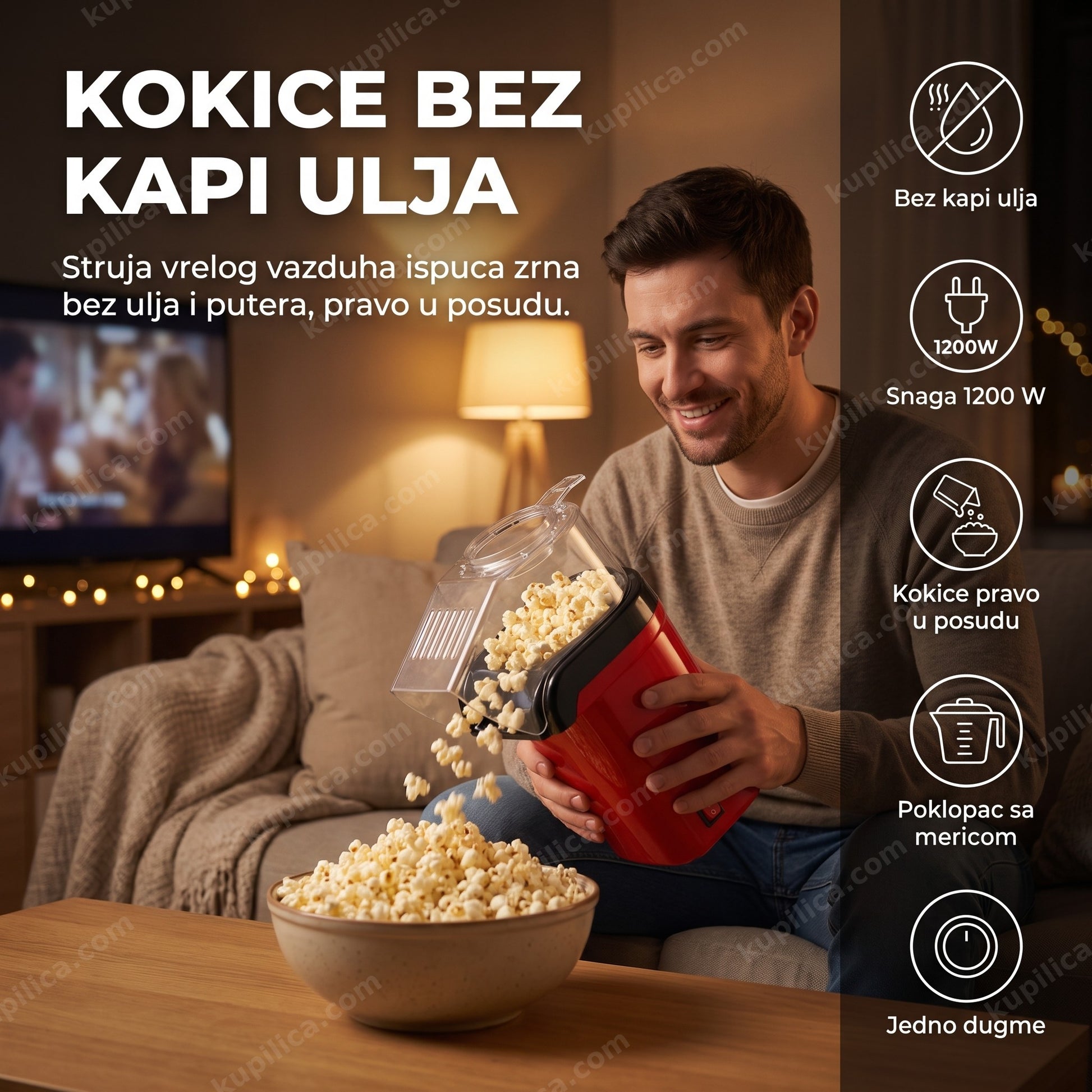 aparat za kokice na topli vazduh — muškarac priprema kokice za filmsko veče u dnevnoj sobi, bez ulja, bez kapi ulja, snaga 1200 w