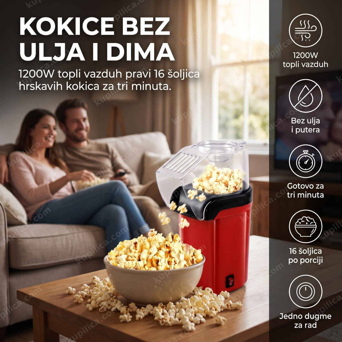 aparat za kokice na topli vazduh tokom filmske veceri, benefiti proizvoda
