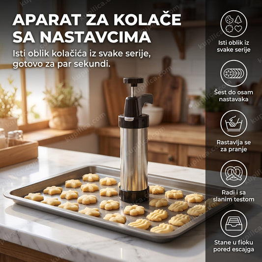srebrni aparat za kolače sa nastavcima oblikuje kolačiće na plehu u kuhinji, benefiti proizvoda