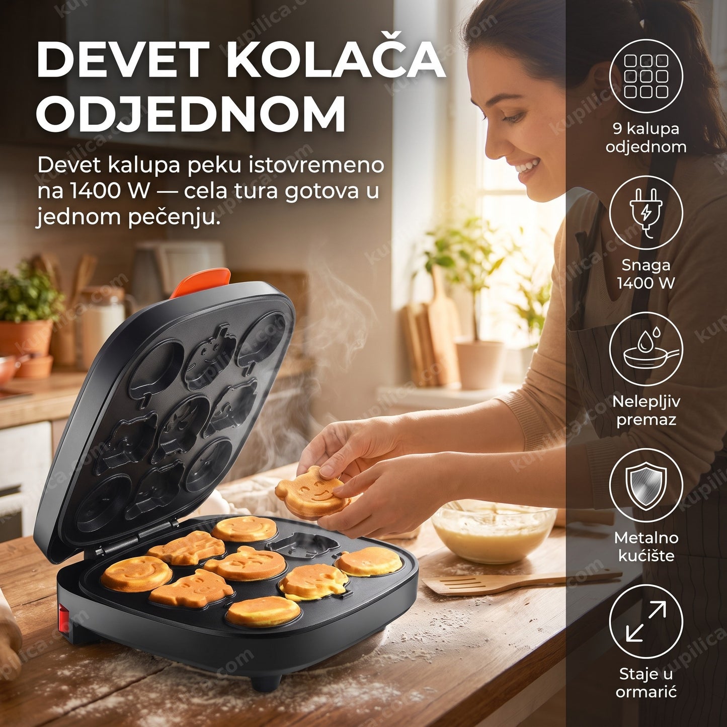 aparat za kolace sk-130 9 kolaca — žena peče devet kolačića odjednom u kuhinji za goste, 9 kalupa odjednom, snaga 1400 w