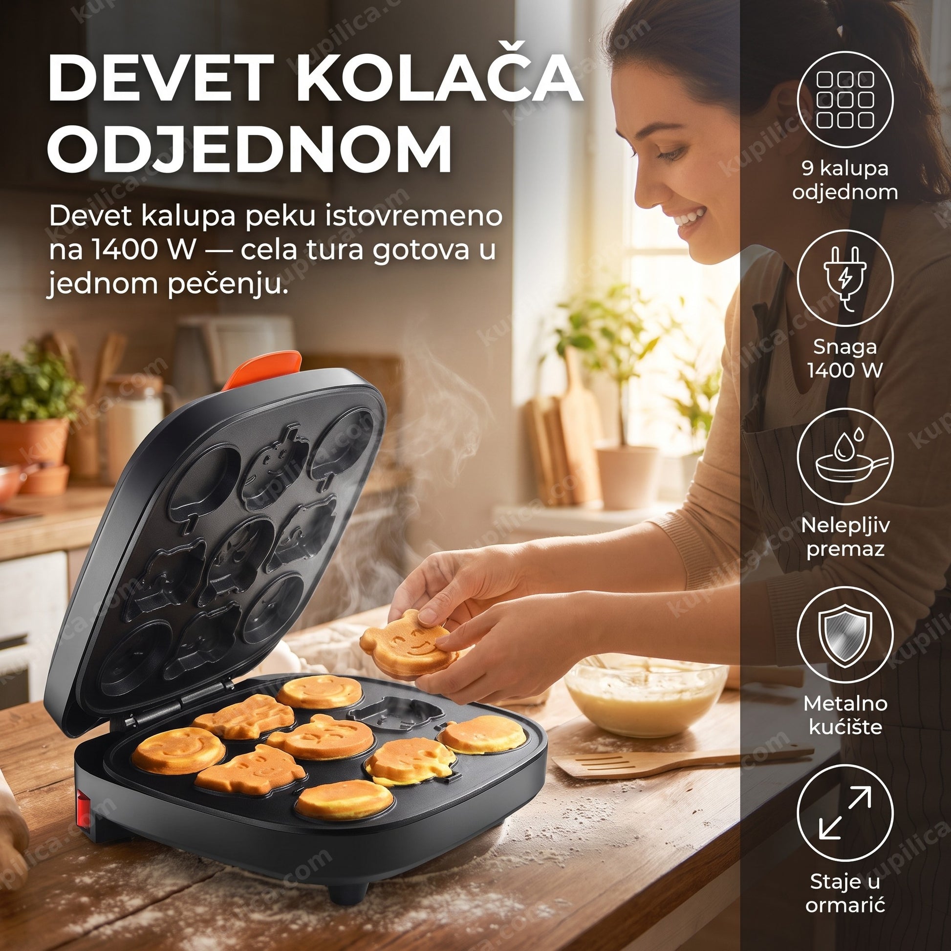 aparat za kolace sk-130 9 kolaca — žena peče devet kolačića odjednom u kuhinji za goste, 9 kalupa odjednom, snaga 1400 w