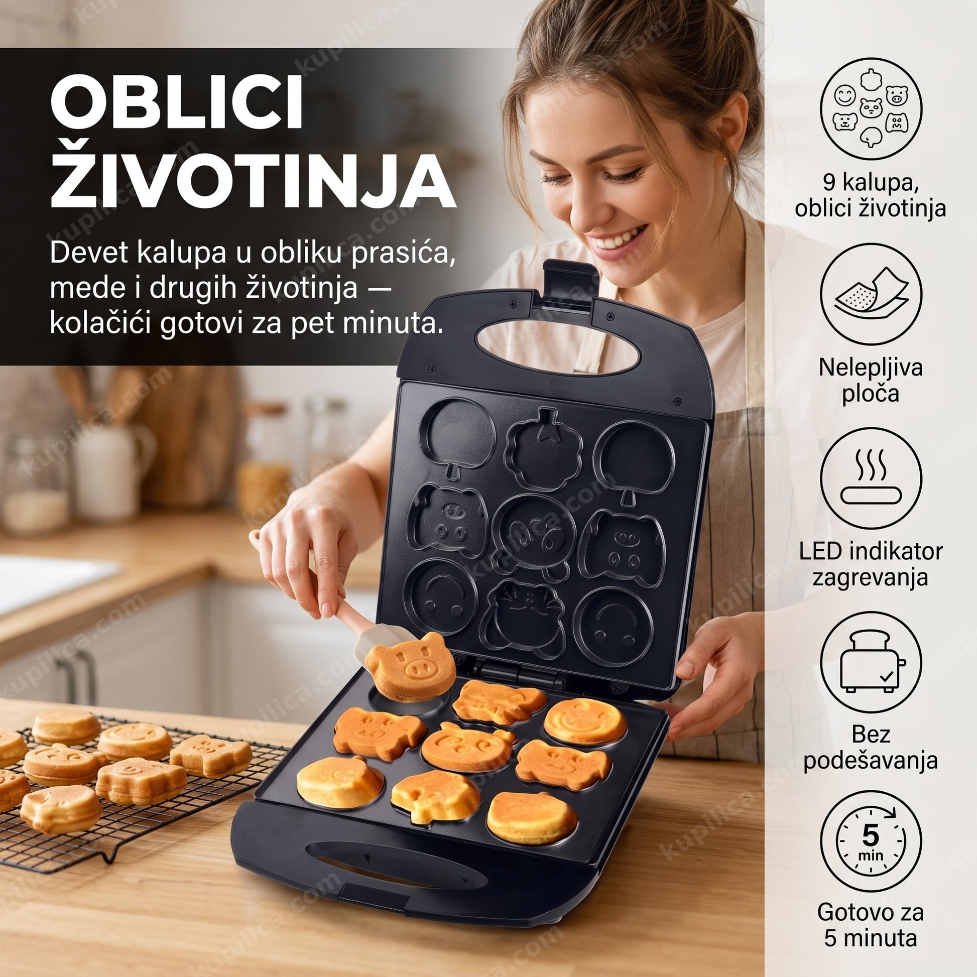 aparat za kolace sokany sk-130 zivotinje — žena peče kolačiće u obliku životinja u kuhinji, 9 kalupa, oblici životinja, nelepljiva ploča