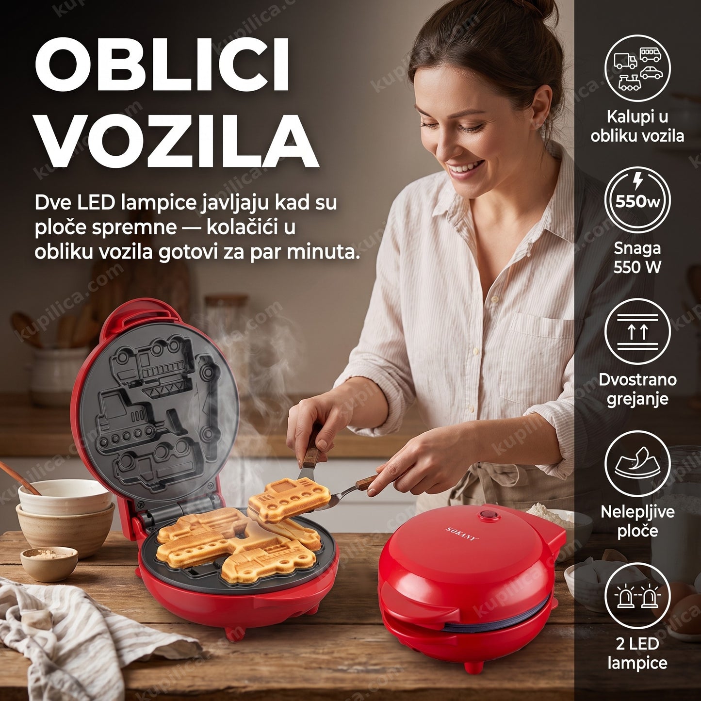 aparat za kolacice sokany sk-08097 — žena peče mini vafle u obliku vozila u kuhinji, kalupi u obliku vozila, snaga 550 w