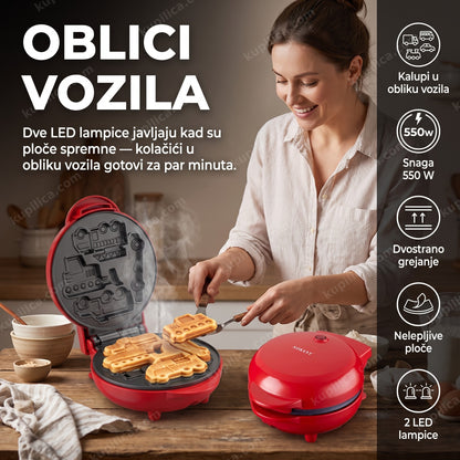 aparat za kolacice sokany sk-08097 — žena peče mini vafle u obliku vozila u kuhinji, kalupi u obliku vozila, snaga 550 w