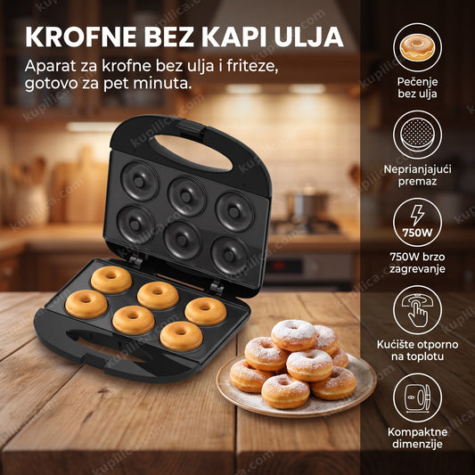 Aparat za krofne peče mini krofne posute šećerom u kuhinji, prikaz benefiti proizvoda