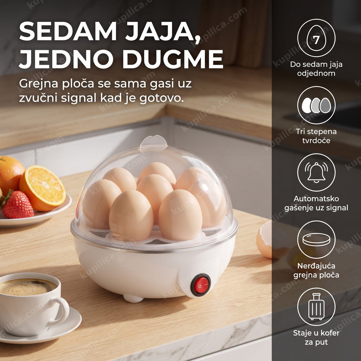 aparat za kuvanje jaja sa sedam jaja u providnom poklopcu