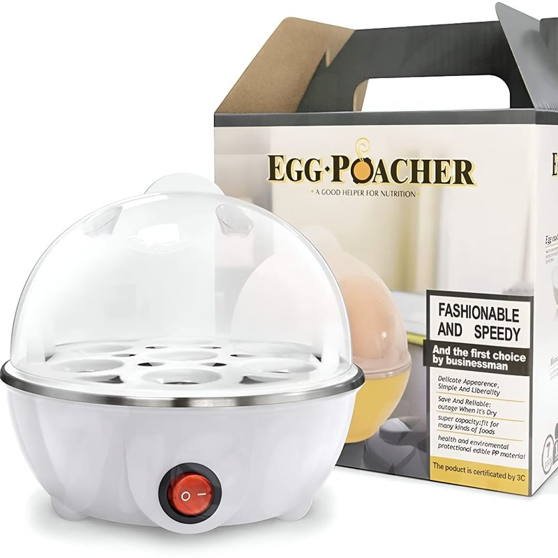 aparat za kuvanje jaja za 7 jaja pored kutije proizvoda Egg Poacher