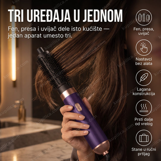 Šaka drži ljubičasti aparat za oblikovanje kose 3u1 uz talasastu kosu, benefiti proizvoda