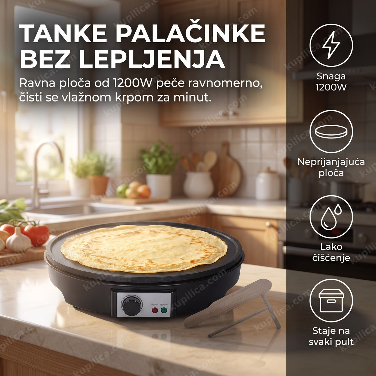 aparat za palačinke DSP 1200W sa ravnom pločom na kuhinjskom pultu