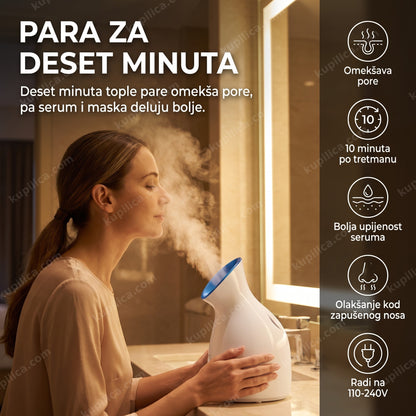 aparat za parenje lica phyopus cl-5158 — žena koristi paru za lice kod kuće uveče, nega kože, omekšava pore, 10 minuta po tretmanu