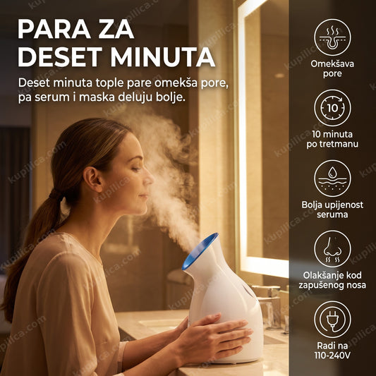 aparat za parenje lica phyopus cl-5158 — žena koristi paru za lice kod kuće uveče, nega kože, omekšava pore, 10 minuta po tretmanu