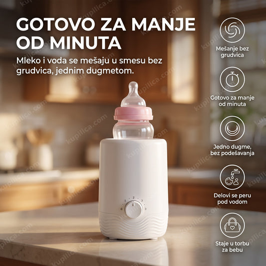 aparat za pripremu bebi hrane sa bočicom na kuhinjskom pultu
