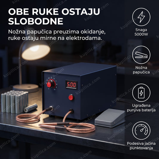 Plavi aparat za punktovanje baterija sa nožnom papučicom u radionici, benefiti proizvoda