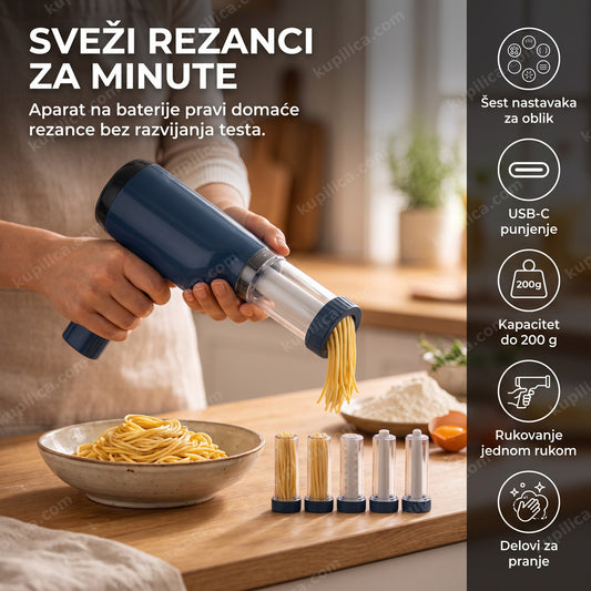 Plavi aparat za rezance na baterije istiskuje testeninu u činiju