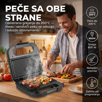 aparat za rostilj i sendvice sk-bbq-132 — muškarac priprema meso na kontaktnom grilu u kuhinji, peče do 200°c, snaga 800 w