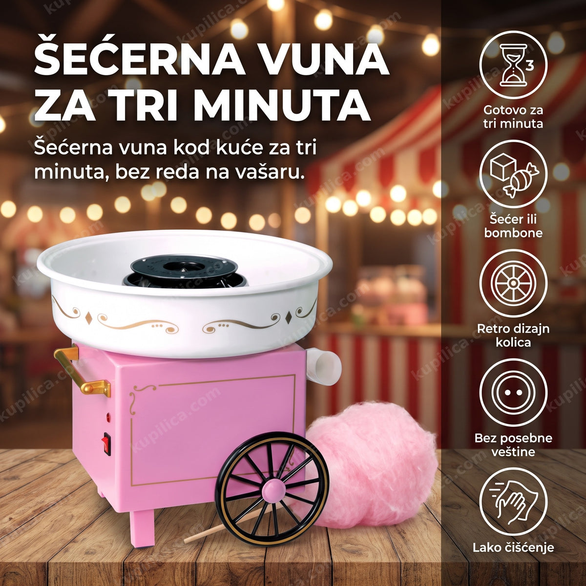 aparat za šećernu vunu na retro kolicima, oblak vune na štapiću na stolu, benefiti proizvoda
