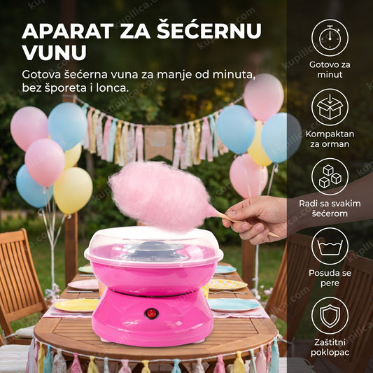 Ružičasti aparat za šećernu vunu na rođendanskom stolu sa balonima, prikaz benefita
