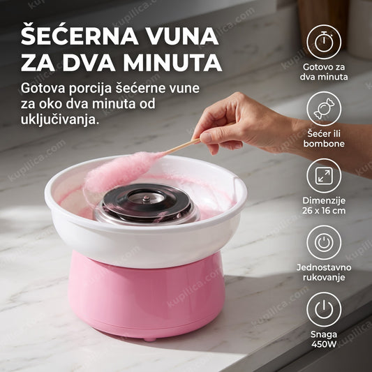 aparat za šećernu vunu na kuhinjskom pultu, odrasla ruka vrti štapić sa vunom, benefiti proizvoda