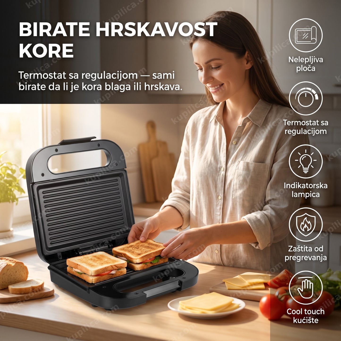 aparat za sendvice sokany sk-bbq-132 — žena priprema sendvič u kuhinji ujutru, cool touch kućište, nelepljiva ploča, termostat sa regulacijom