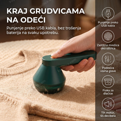 punjivi aparat za skidanje grudvica u upotrebi na džemperu, prikazani benefiti proizvoda