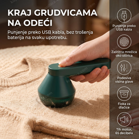 punjivi aparat za skidanje grudvica u upotrebi na džemperu, prikazani benefiti proizvoda