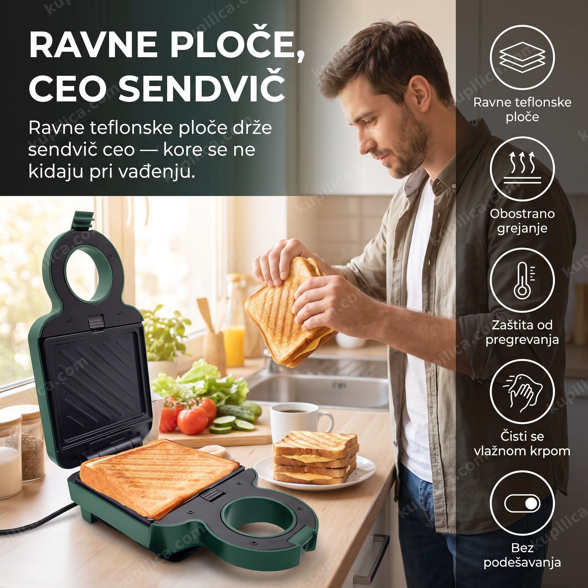 aparat za tople sendvice ravne ploce — muškarac pravi topao sendvič pre posla u kuhinji, ravne teflonske ploče, obostrano grejanje