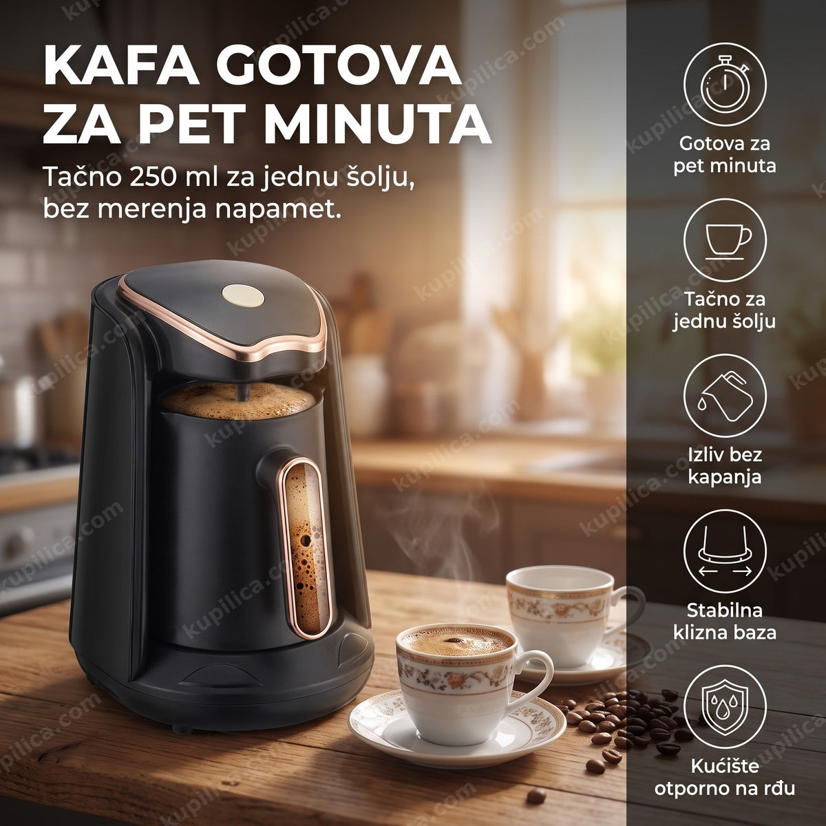 aparat za tursku kafu sa fildžanima dok se kafa penuša, benefiti proizvoda