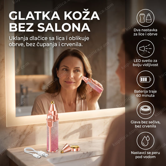 aparat za uklanjanje dlačica u upotrebi u elegantnom kupatilu sa prikazanim benefitima proizvoda
