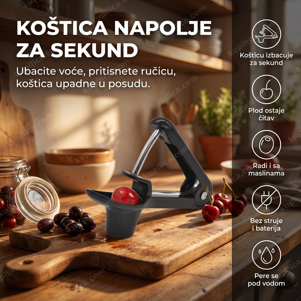 Crni aparat za vađenje koštica iz višanja i maslina na dasci, benefiti proizvoda