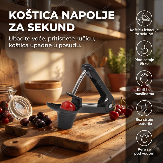 Crni aparat za vađenje koštica iz višanja i maslina na dasci, benefiti proizvoda