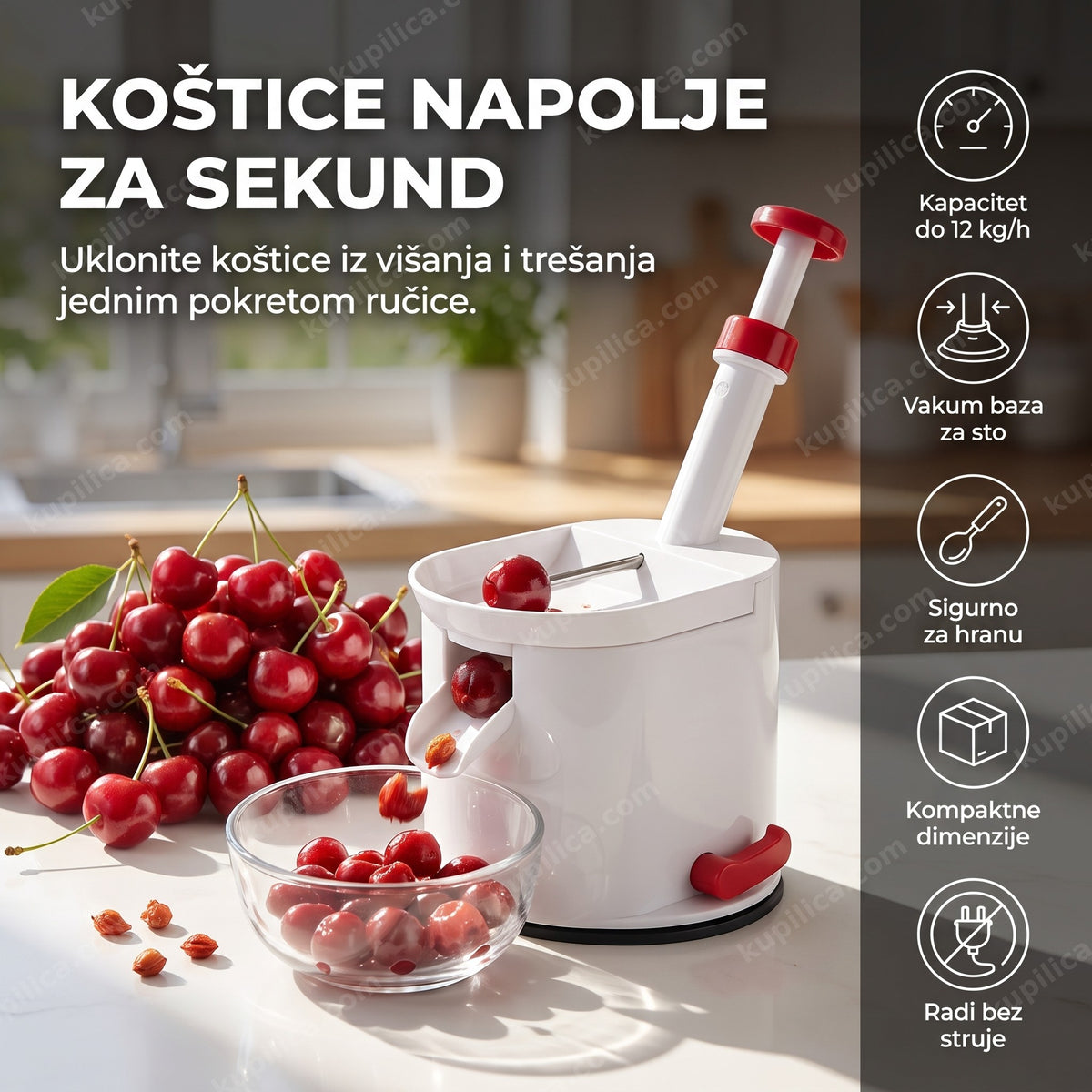 aparat za vađenje koštica iz višanja u kuhinji, koštice ispadaju u posudu, benefiti proizvoda