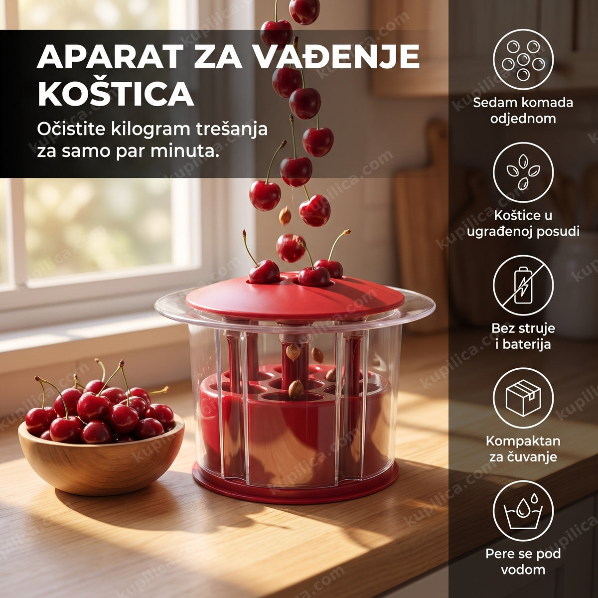 Crveni aparat za vađenje koštica trešanja u kuhinji, benefiti proizvoda