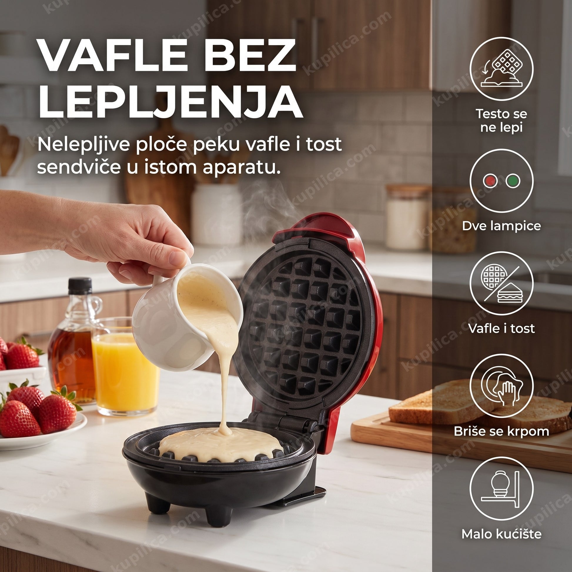 aparat za vafle 2u1 nelepljive ploče — odrasla osoba sipa testo u kuhinji, benefiti proizvoda