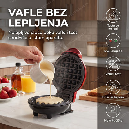 aparat za vafle 2u1 nelepljive ploče — odrasla osoba sipa testo u kuhinji, benefiti proizvoda