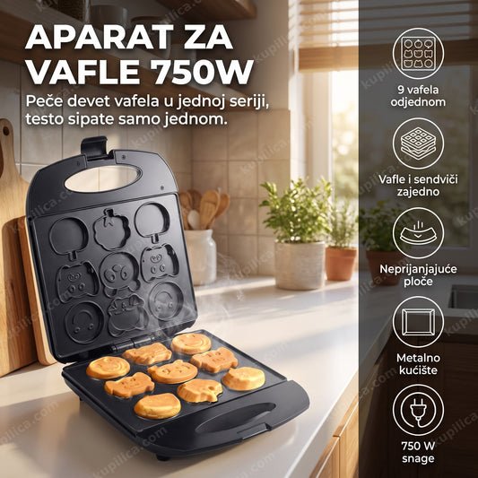Aparat za vafle 750W sa devet svežih vafela na kuhinjskom pultu