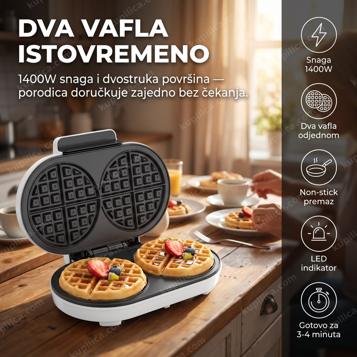 aparat za vafle sa dva gotova vafla i voćem na kuhinjskom stolu, benefiti proizvoda