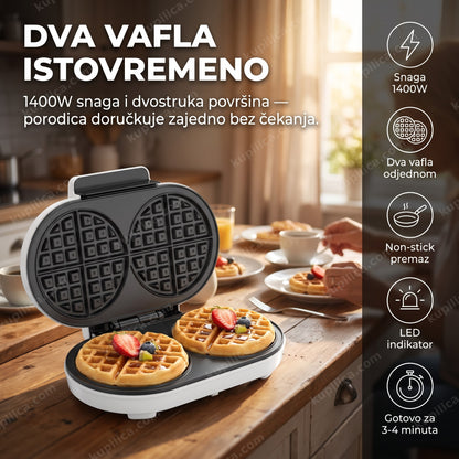 aparat za vafle sa dva gotova vafla i voćem na kuhinjskom stolu, benefiti proizvoda