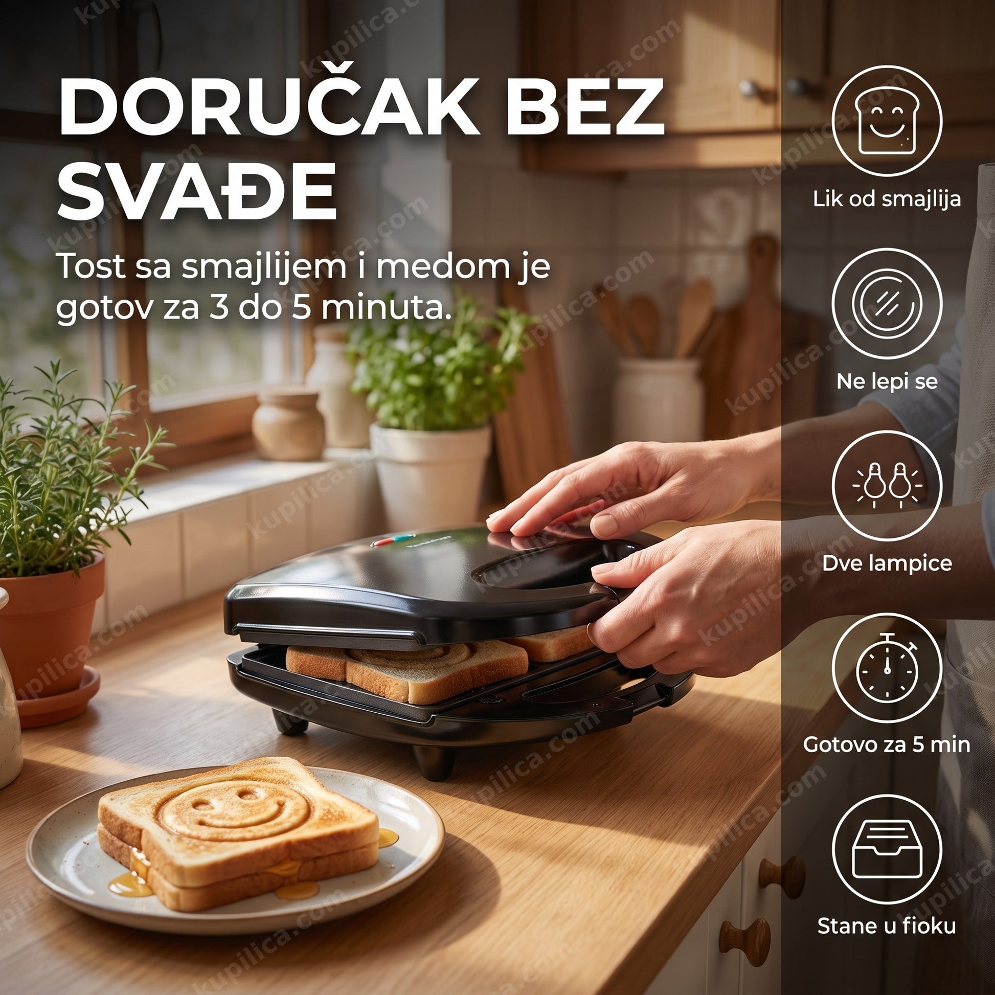 aparat za vafle sokany sk-122 — odrasla osoba pravi tost sa smajlijem u kuhinji, benefiti proizvoda