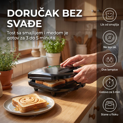 aparat za vafle sokany sk-122 — odrasla osoba pravi tost sa smajlijem u kuhinji, benefiti proizvoda
