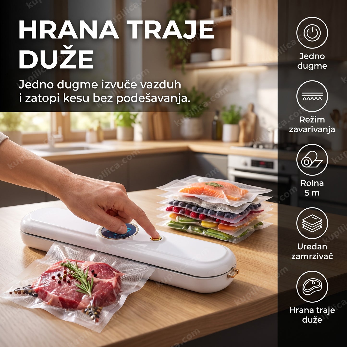 aparat za vakumiranje hrane da-2088-6 — odrasla osoba pakuje meso u kuhinji, benefiti proizvoda