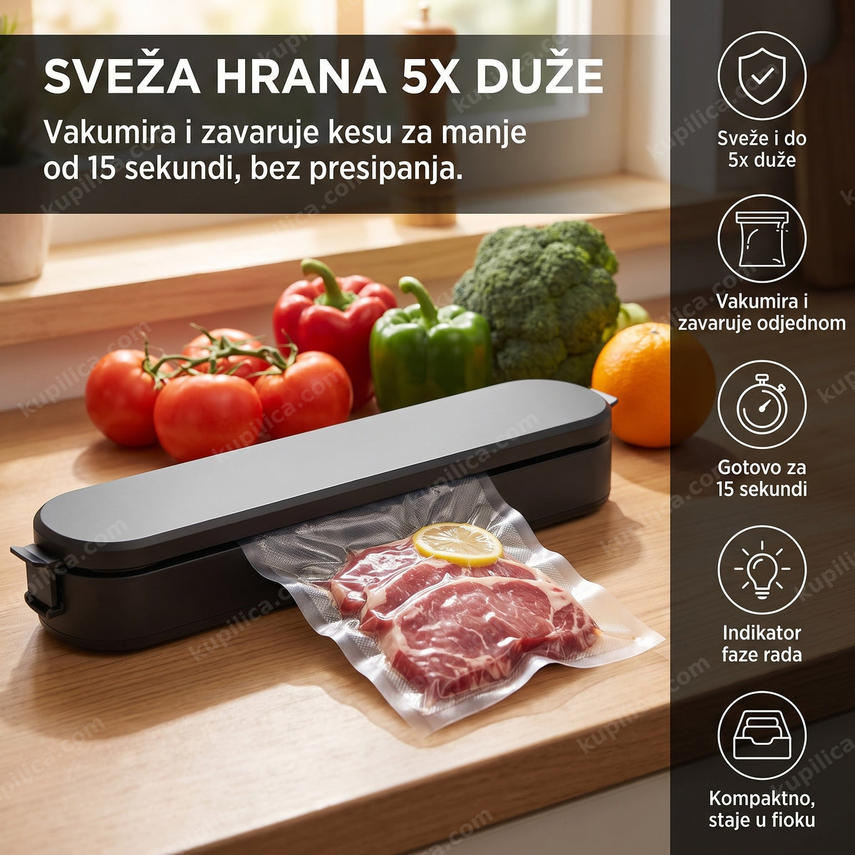 aparat za vakumiranje kesa za hranu na kuhinjskom pultu sa vakumiranom hranom, benefiti proizvoda