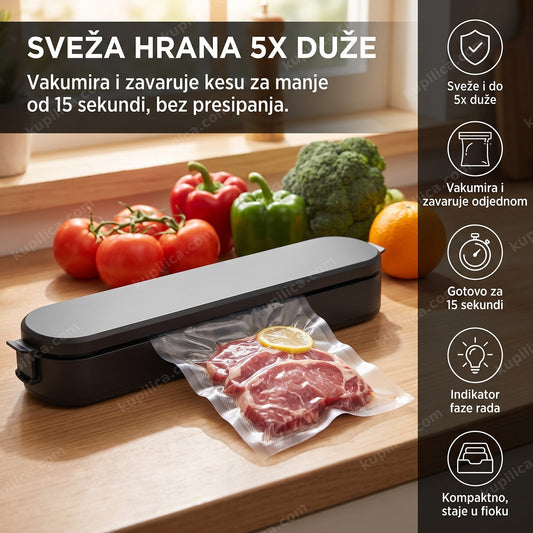 aparat za vakumiranje kesa za hranu na kuhinjskom pultu sa vakumiranom hranom, benefiti proizvoda