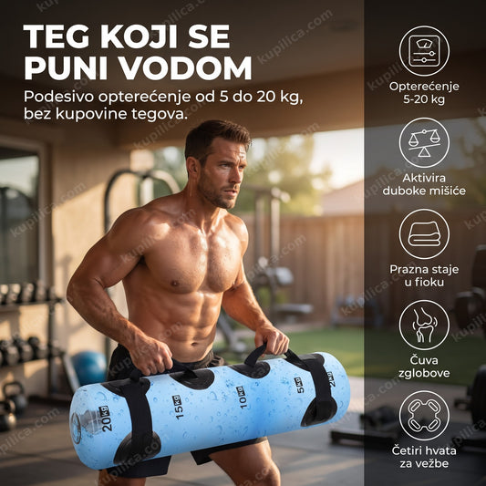muškarac trenira sa plavom aqua bag torbom u teretani, prikaz benefiti proizvoda