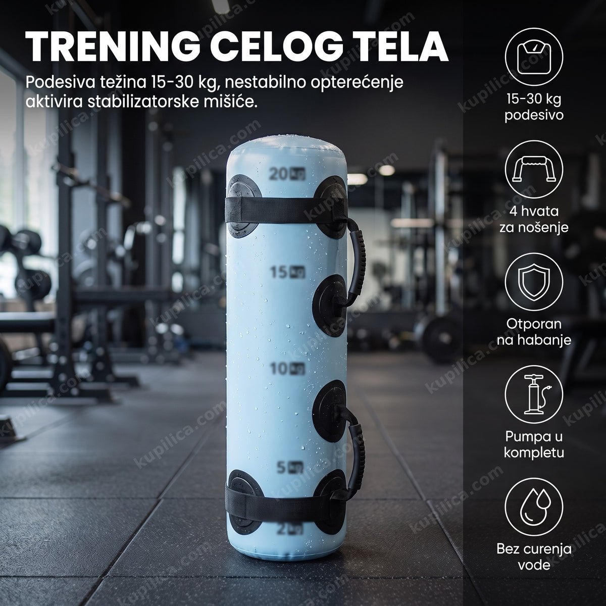 aqua bag za trening sa vodom — vodena torba sa četiri hvata i oznakama težine