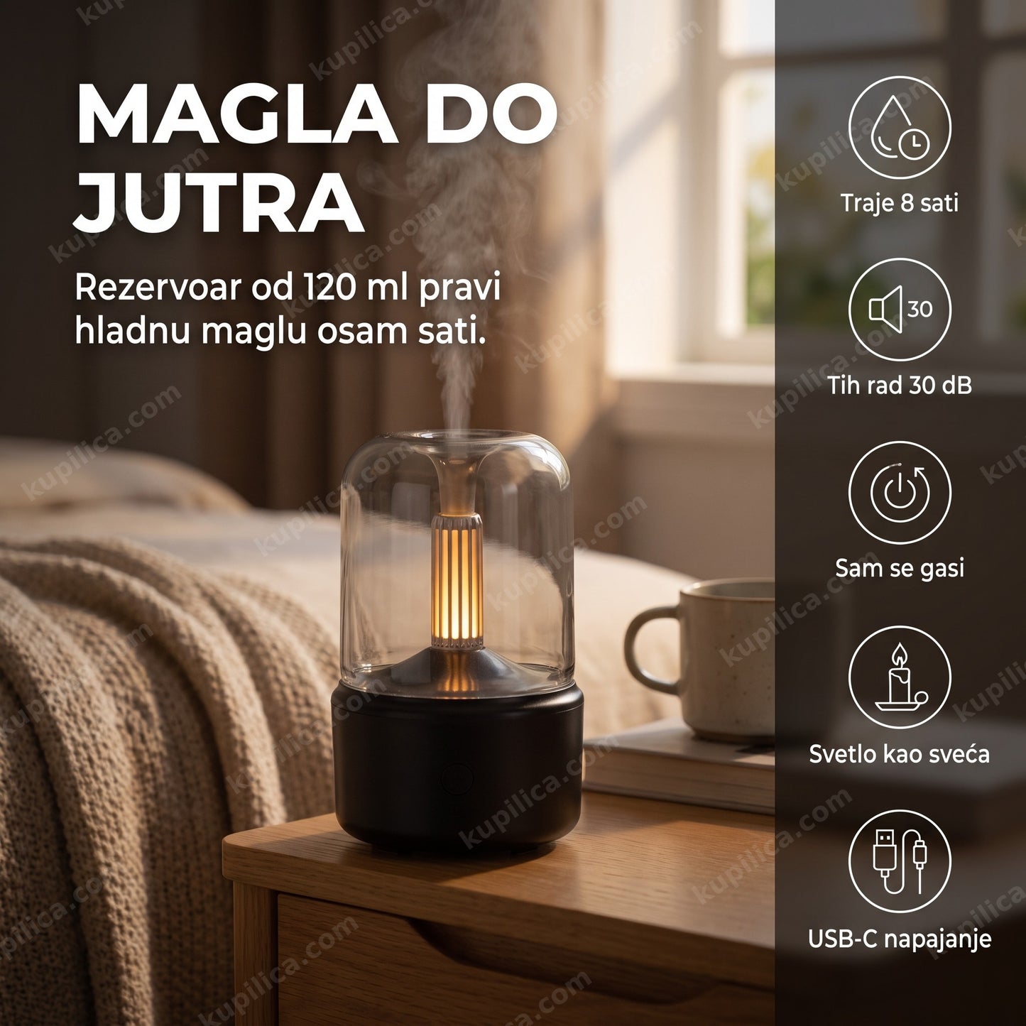 aroma difuzer dq702 — difuzor na noćnom stočiću u spavaćoj sobi uveče, benefiti proizvoda