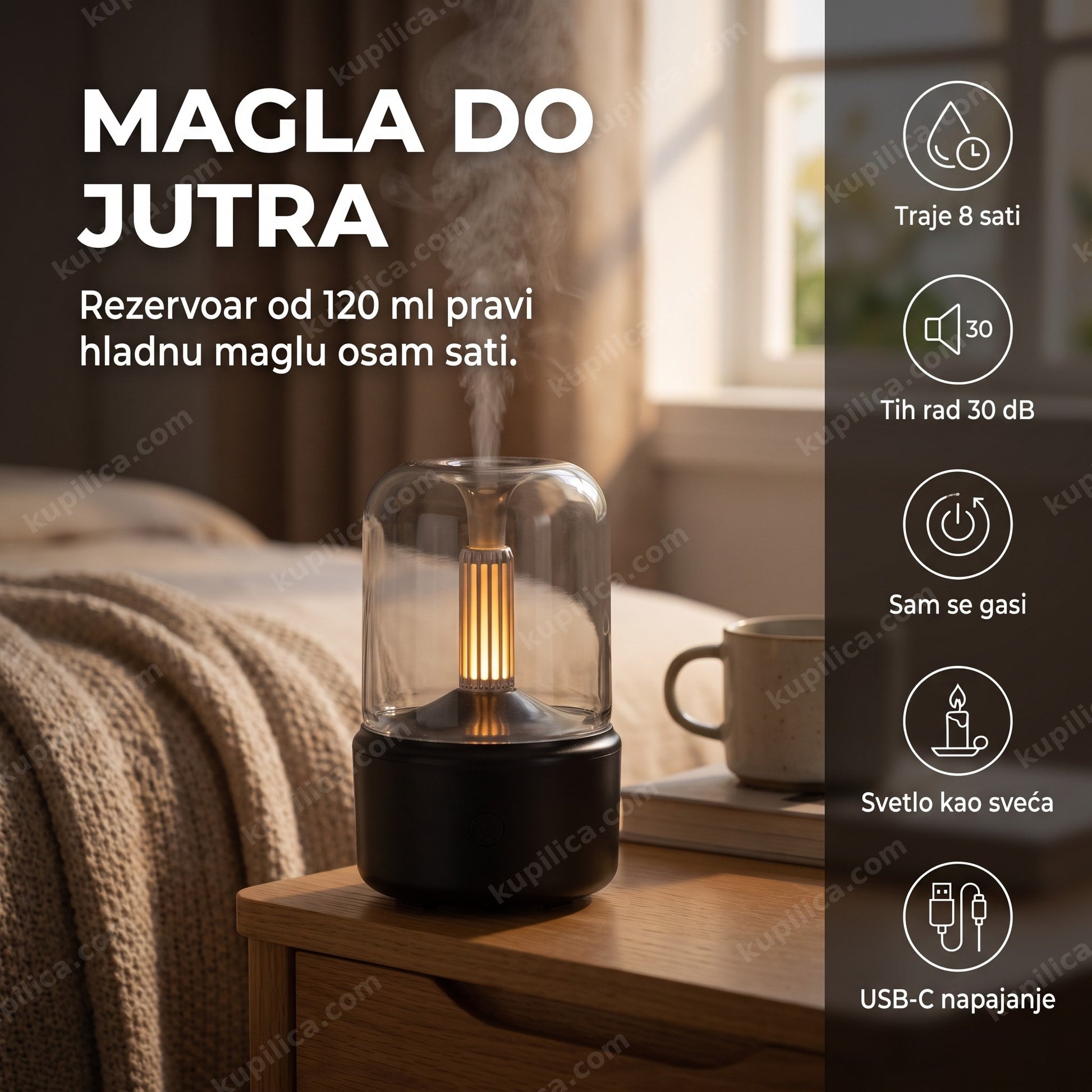 aroma difuzer dq702 — difuzor na noćnom stočiću u spavaćoj sobi uveče, benefiti proizvoda
