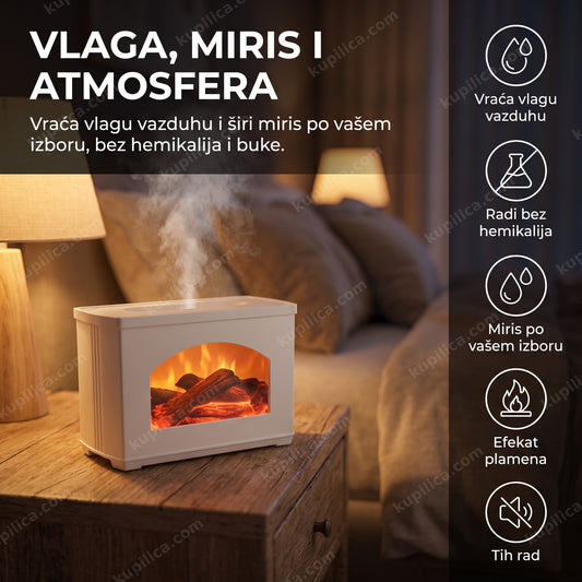 aroma difuzer kamin sa efektom plamena na stočiću uveče, benefiti proizvoda