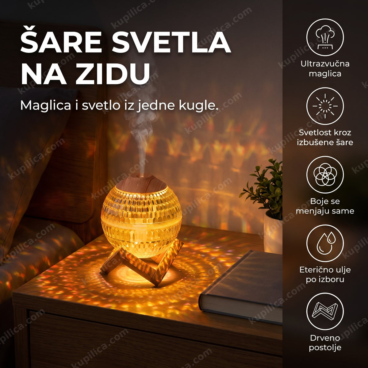 aroma difuzer kristalna kugla sa drvenim postoljem na noćnom stočiću uveče