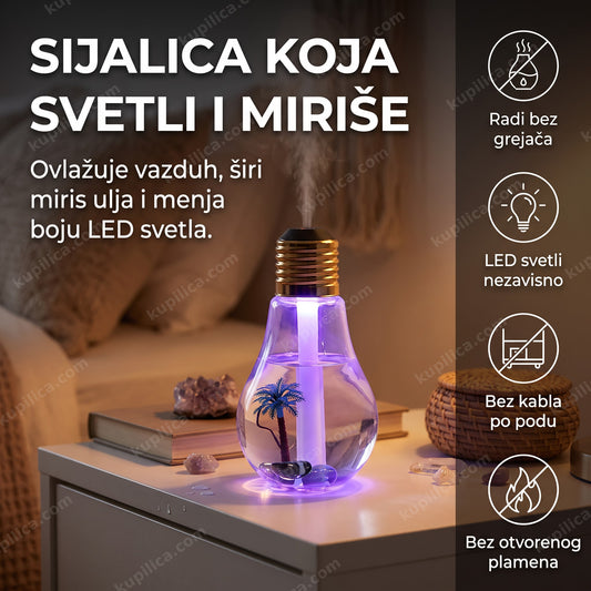 aroma difuzer sijalica sa LED osvetljenjem na stočiću u polumraku, benefiti proizvoda