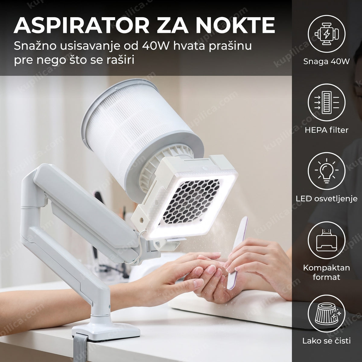 Aspirator za nokte sa HEPA filterom na manikir stolu, šake tehničara